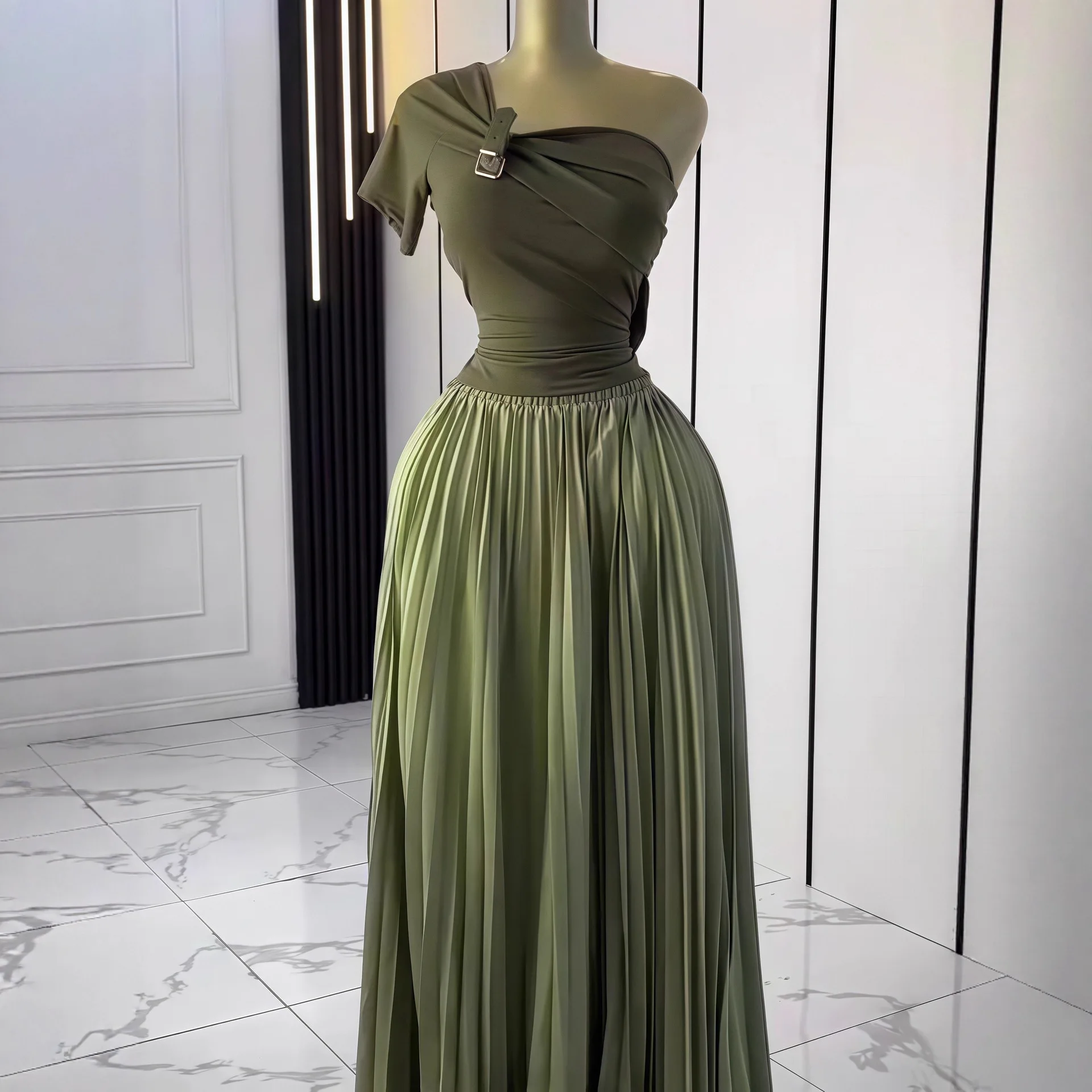 

Women's Clothing 2026 Autumn New Solid Color Short Sleeve Tube Top Asymmetrical Neck Waist Cinching Pleated Elegant Two-Piece