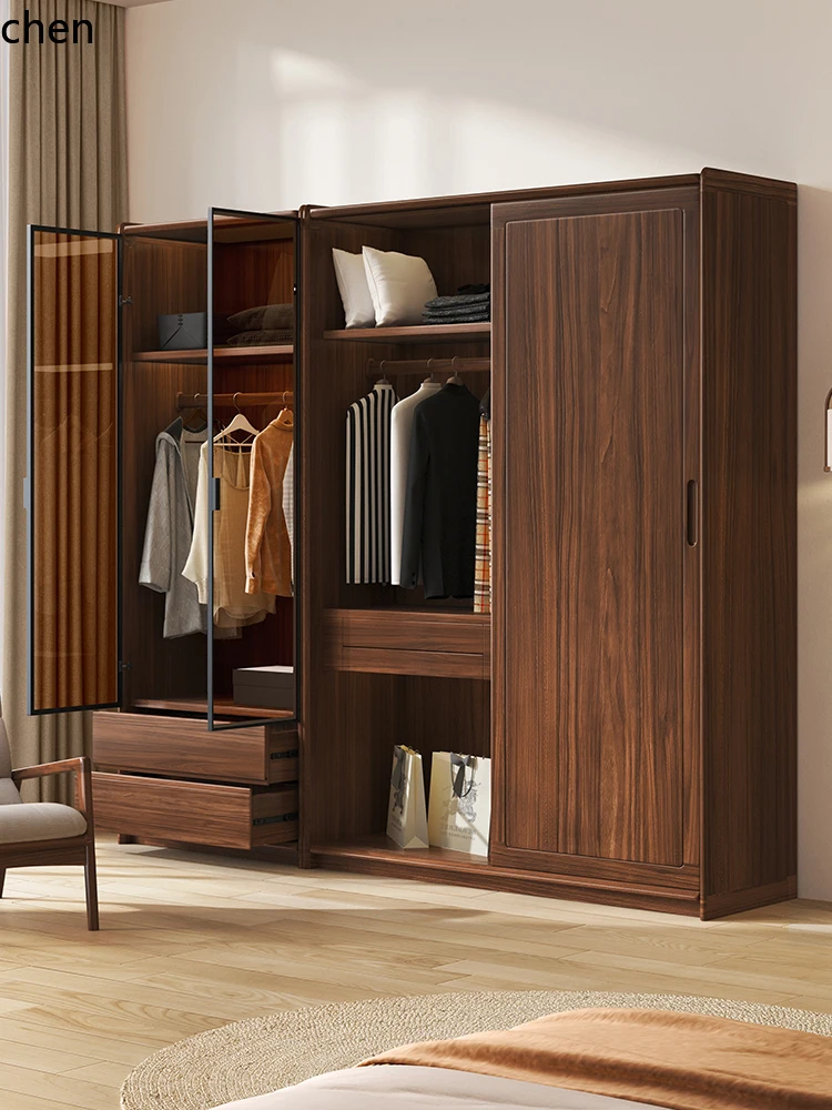 

HXL solid wood wardrobe black walnut simple small apartment wardrobe