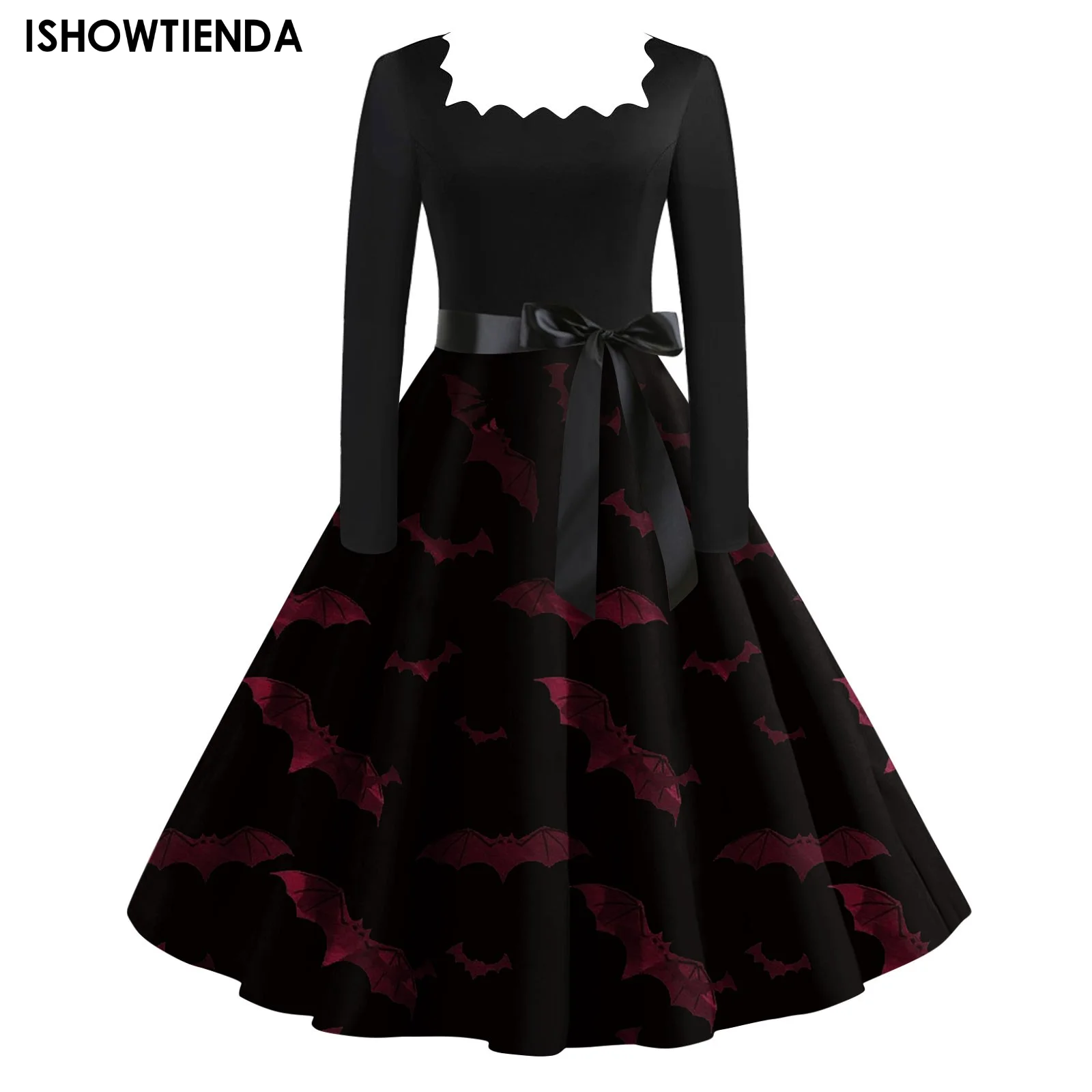 Goth Women Halloween Costumes Party Dresses Long Sleeve Skull Print 2023 Autumn Vintage Rockabilly Dress Nightmare Vestidos