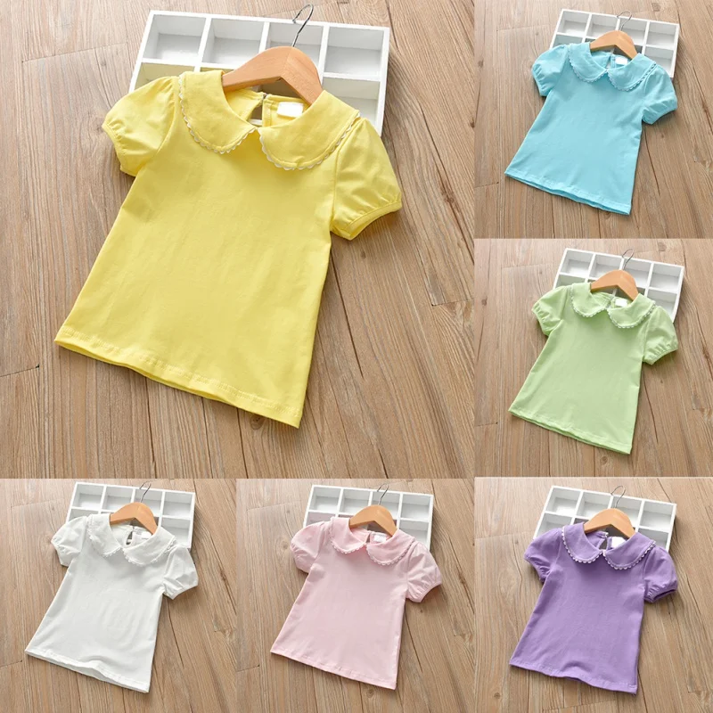 Summer Girls Clothes Short Sleeve T-Shirt Tops Cotton Solid Round Neck Casual Bottoming Shirt For Toddler Kids Wearing Outfit