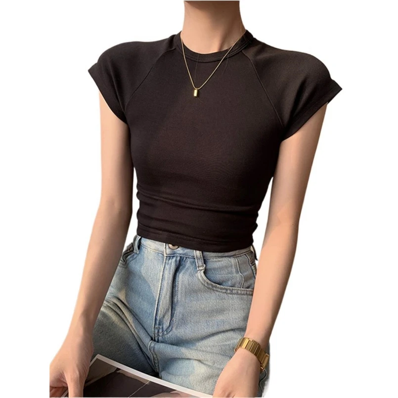 

O Neck Raglan Sleeves Short Shirt Women Knitted Sexy Cropped Tops 2025 Spring Summer Pink White Balck Skinny Slim Basic T-shirts
