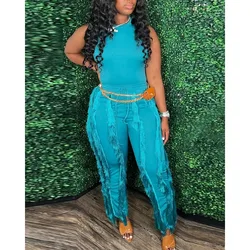 Women's Sexy O-Neck Sleeveless Vest Top Drawstring High Waist Tassel Stitching Pants Suit Women's New Solid Color Slim Suit