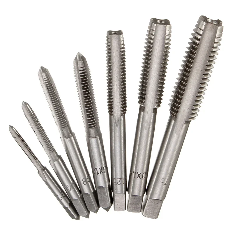 M3-M12 HSS Metric Right Hand Machine Straight Fluted Screw Thread Tap Set Metric Plug Tap Drill Bits Set Hand Tools 7Pcs