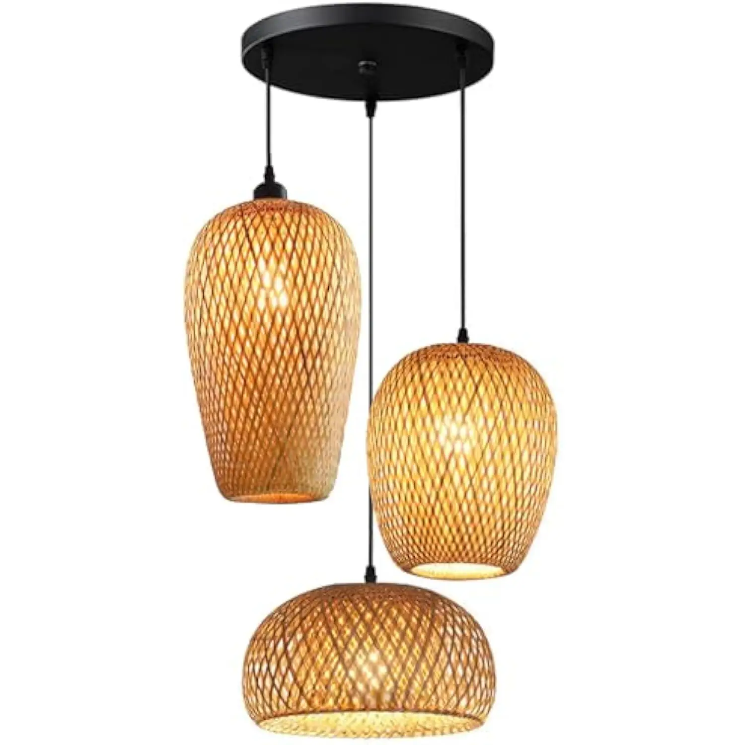 

Bamboo Light Fixtures, 3 Headlights E26 E27 Retro Rustic Bamboo Wicker Rattan Chandelier Ceiling Hanging Light for Living Room