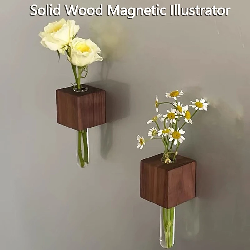 Wooden Test Tube Vase DIY Flower Arrangement Magnetic Simulation Glass Flower Vase Refrigerator Sticker Home Kitchen Decoration