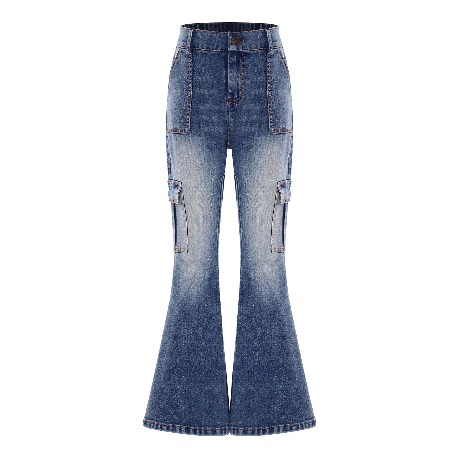 

Kids Girls Denim Pants Cargo Jeans Zipper Fly Elastic Back Waist Bell-Bottom Pants with Pockets Fashion Casual Clothes Trousers