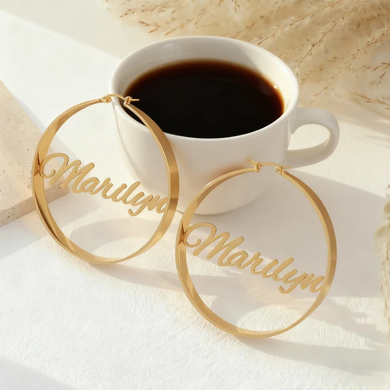 

Personalized Custom Name 50mm Earrings for Women Stainless Steel Customized Letters Hoop Earring Birthday Christmas Jewelry Gift