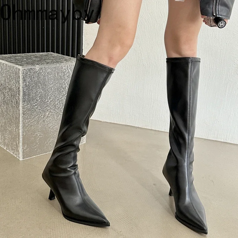 Weiches Leder Spitzschuh Kniehohe Stiefel High Heels Reißverschluss Damen Pumps Damen Lange Stretch Moderne Stiefel