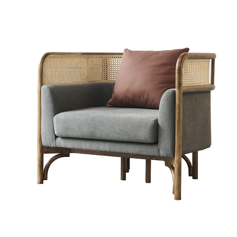 Medieval rattan woven sofa combination wabi Sabi Nordic living room solid wood sofa B&b hotel cloth art ash wood sofa