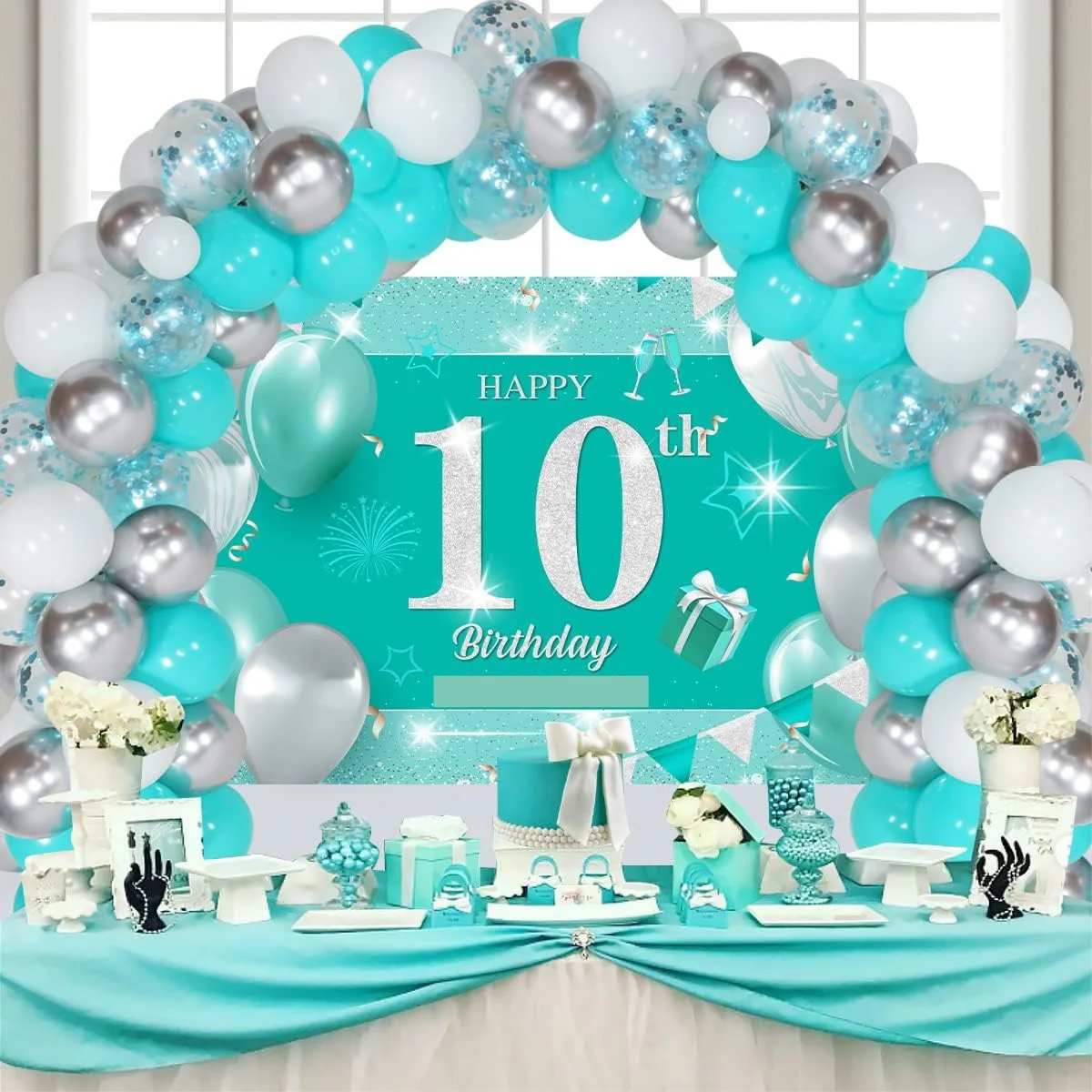 FESTBASH-Birthday Party Decoration Supplies, Background Decoration , Sweet Turquoise Silver Balloon Kit, 10th Birthday