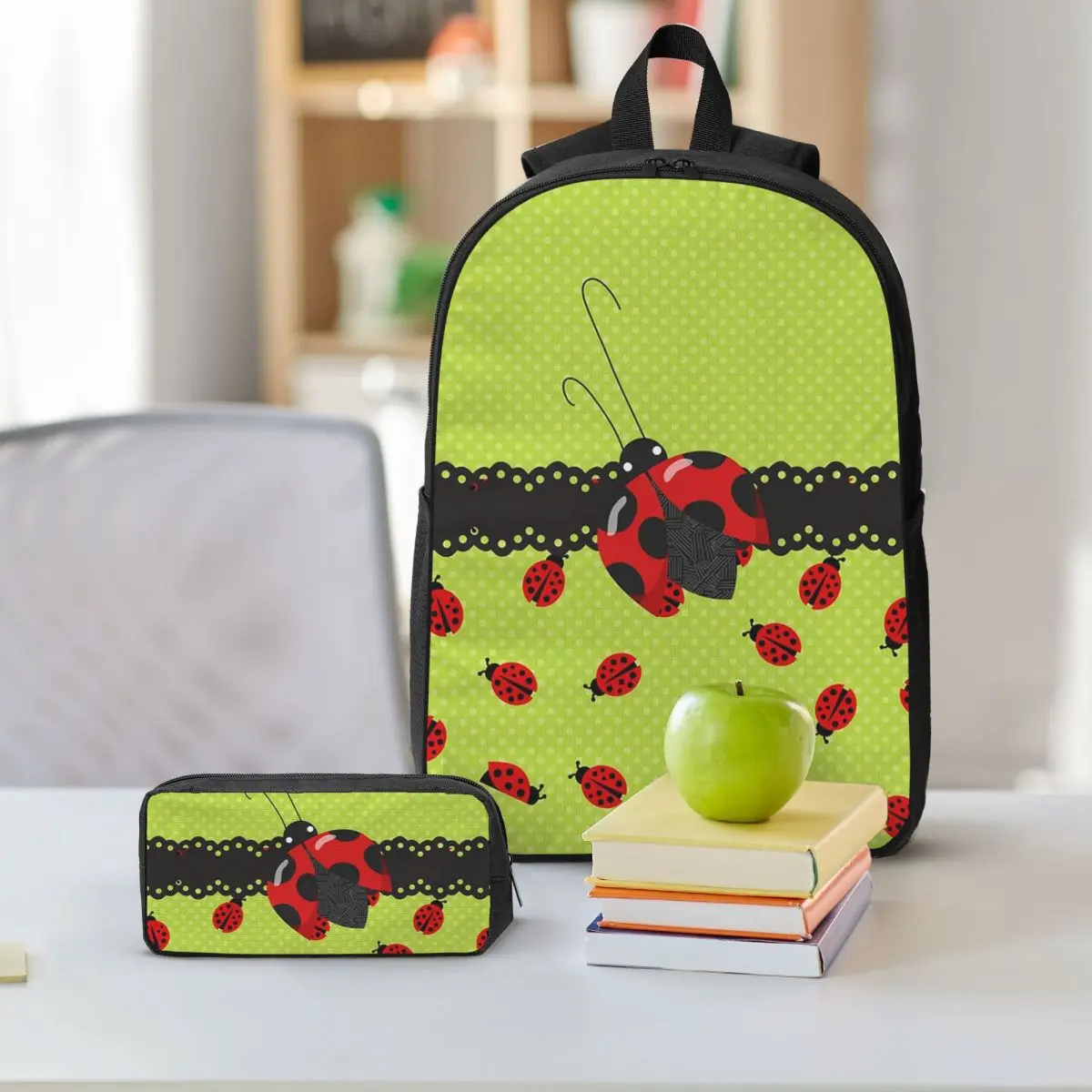 Cute Ladybug And Red White Polka Dots Backpack Boys Girls BookBag School Bag Shoulder Bags 3ps Insulated Lunch Bag Pencil Case