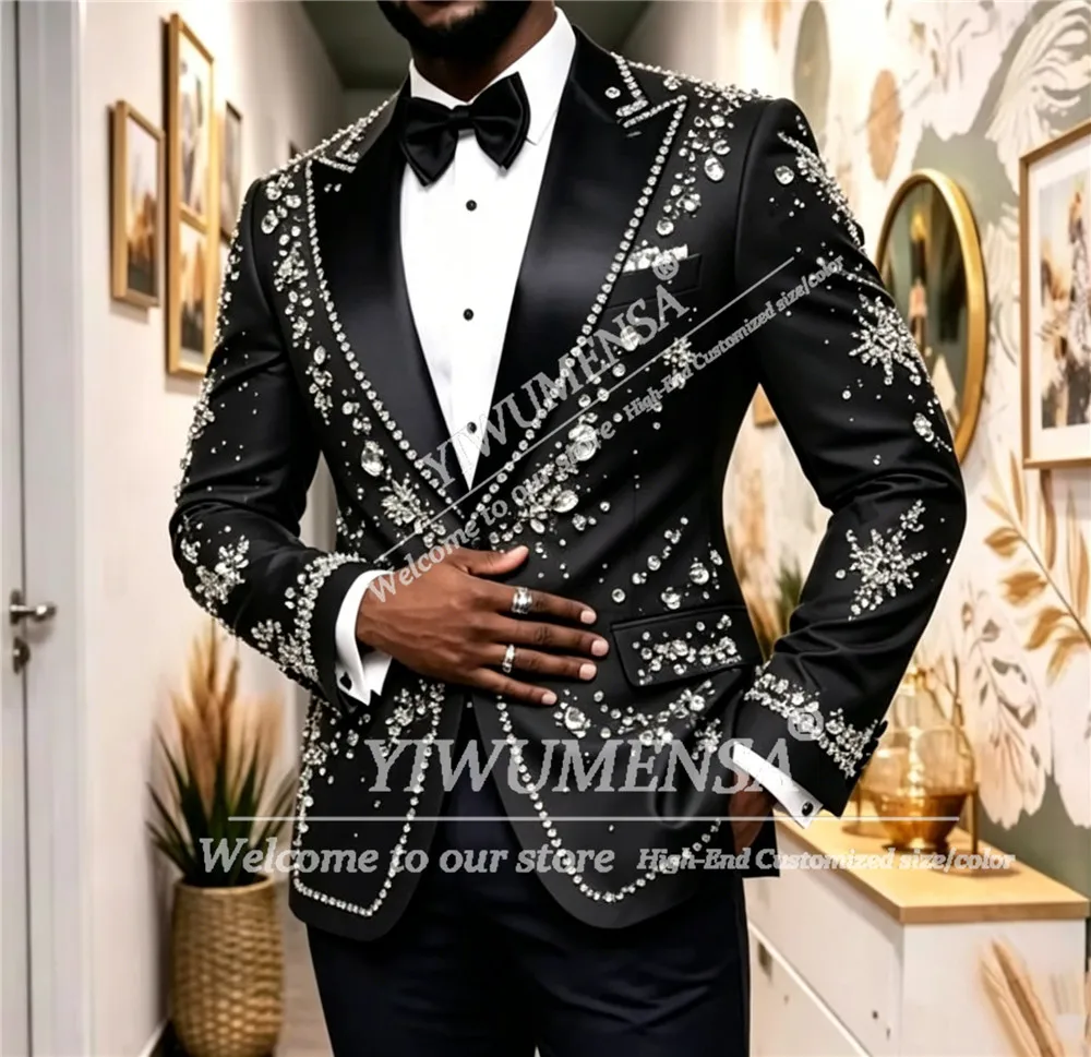 

Fashion Suit Men 2 Piece Sets Shiny Beaded Stones Groom Wedding Tuxedos Luxury Design Prom Blazers Customized Trajes Para Hombre