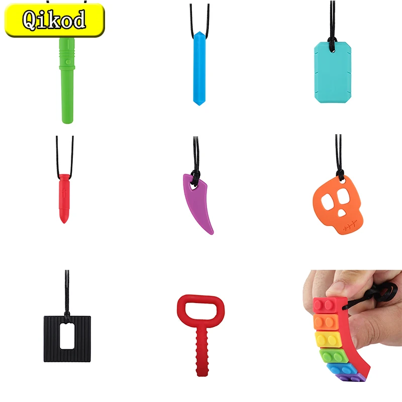 1Pc Sensory Chew Necklace Brick Chewy Kids Silicone Biting Topper Baby Teether Toy Children with Autism Baby Care BPA Free Beads