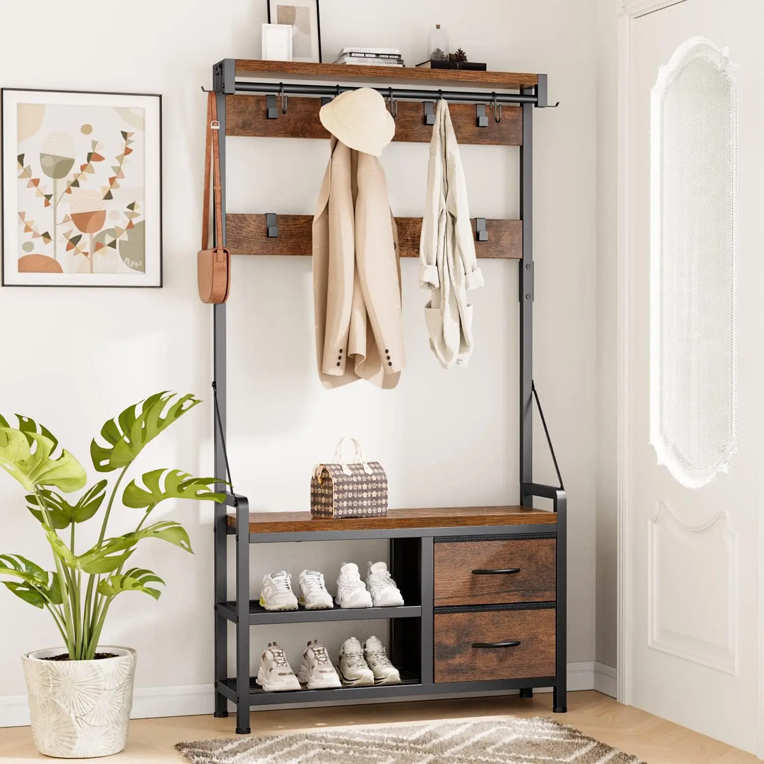 Hall Tree, 31.5” Entryway Bench with Coat Rack freestanding, 5 in 1 Intelligent Design Shoe Bench and Wall Rack 17 Hooks