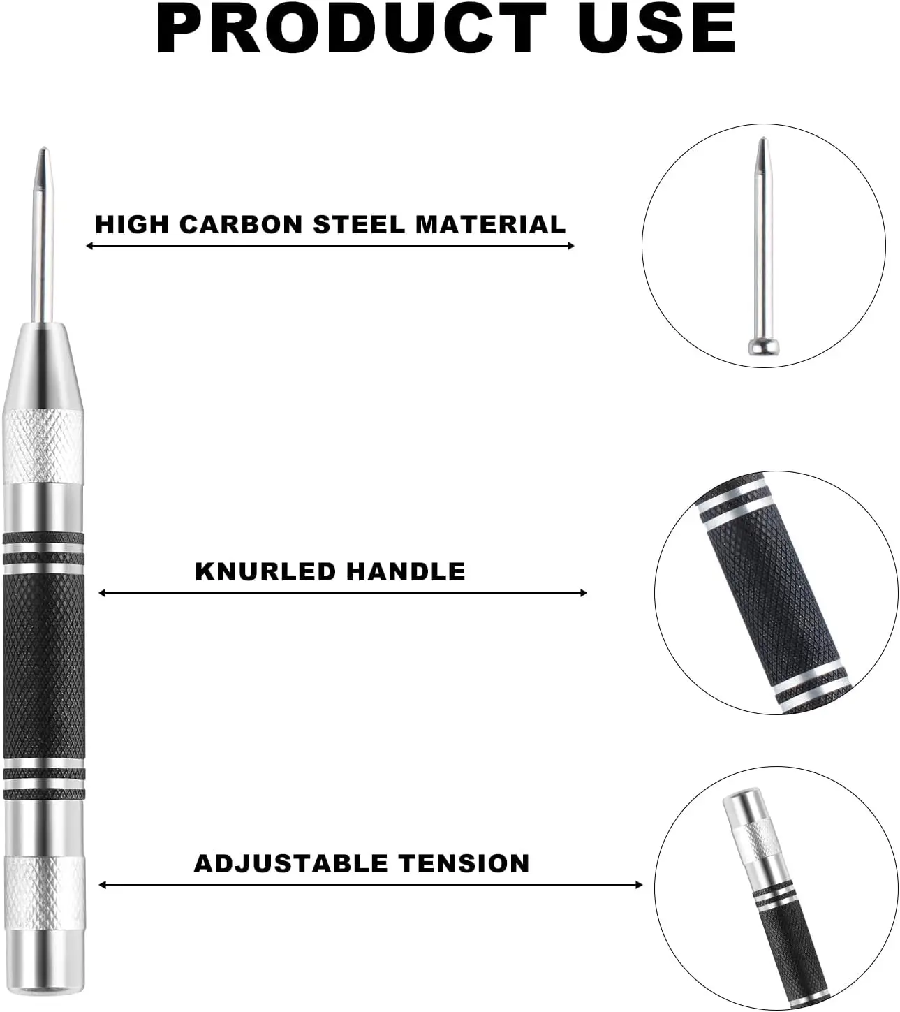 Easy-to-use, durable, versatile 5-inch automatic center punch set for machinists, carpenters, and DIY enthusiasts. Features spri