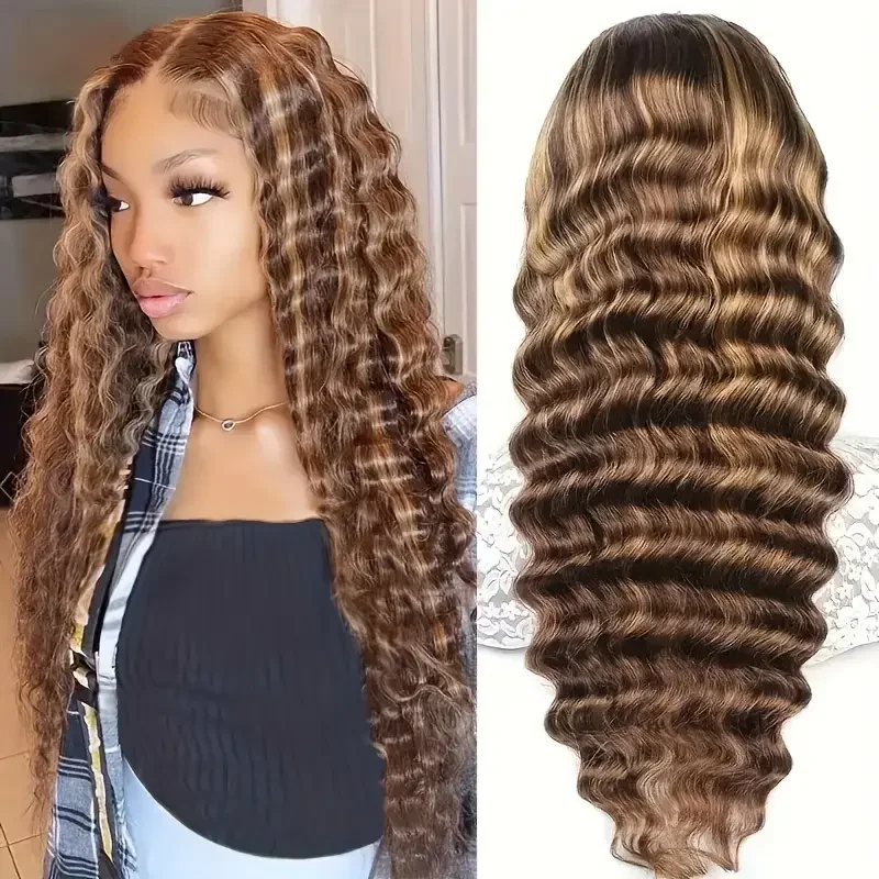 

180% Density Long Deep Wave Wig Honey Blonde Highlights 13x4 Lace Front Wig P4/27 Ombre Highlight Deep Wave Transparent Lace Wig