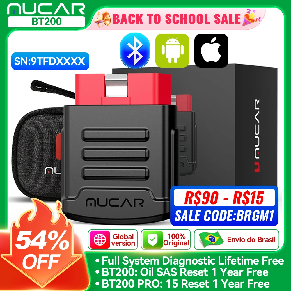 Ferramenta de diagnóstico automotivo MUCAR BT200 BT200 PRO OBD2, scanner de diagnóstico completo para todos os carros, leitor de códigos com 15 funções de reinicialização.