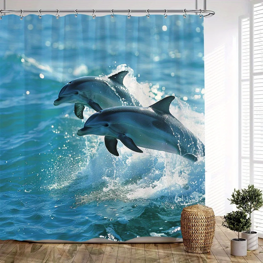 1pc Leaping Dolphins Bath Curtain - Ocean Wildlife Design with Turquoise Waters & Splashing Waves, Sunlit Marine Life Coastal