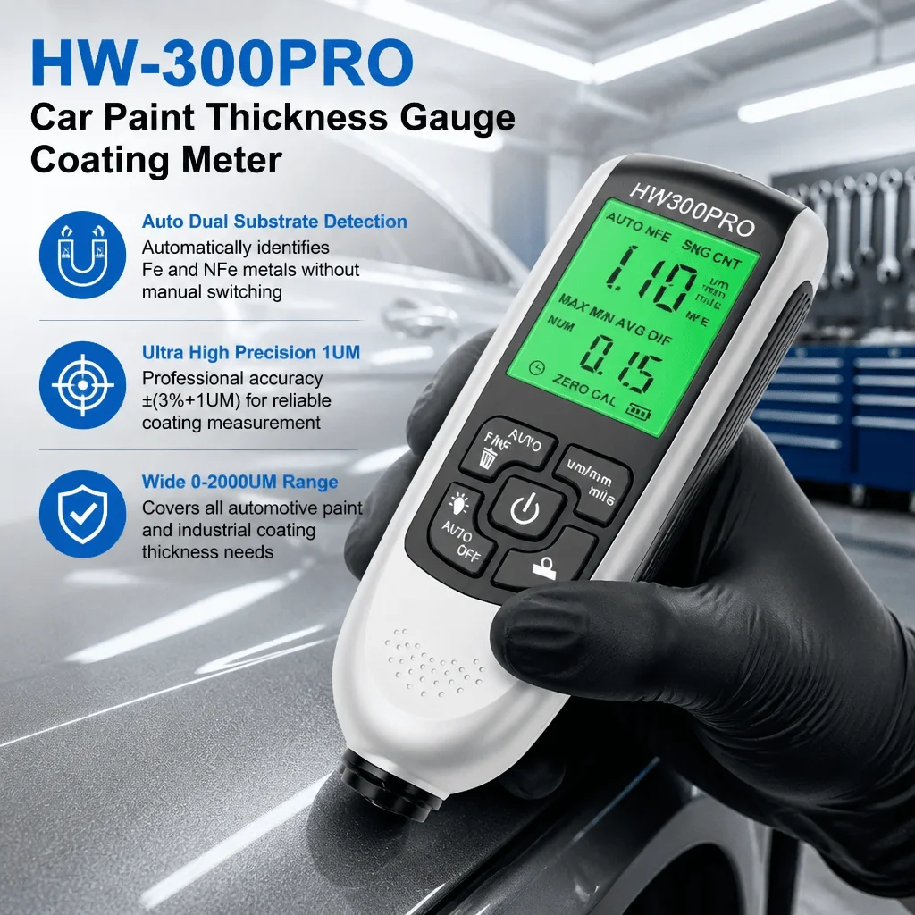 Car Paint Thickness Gauge Fe NFe Coating Meter 1UM Precision 0-2000UM Automotive Body Inspection Tool Professional LCD Backlight