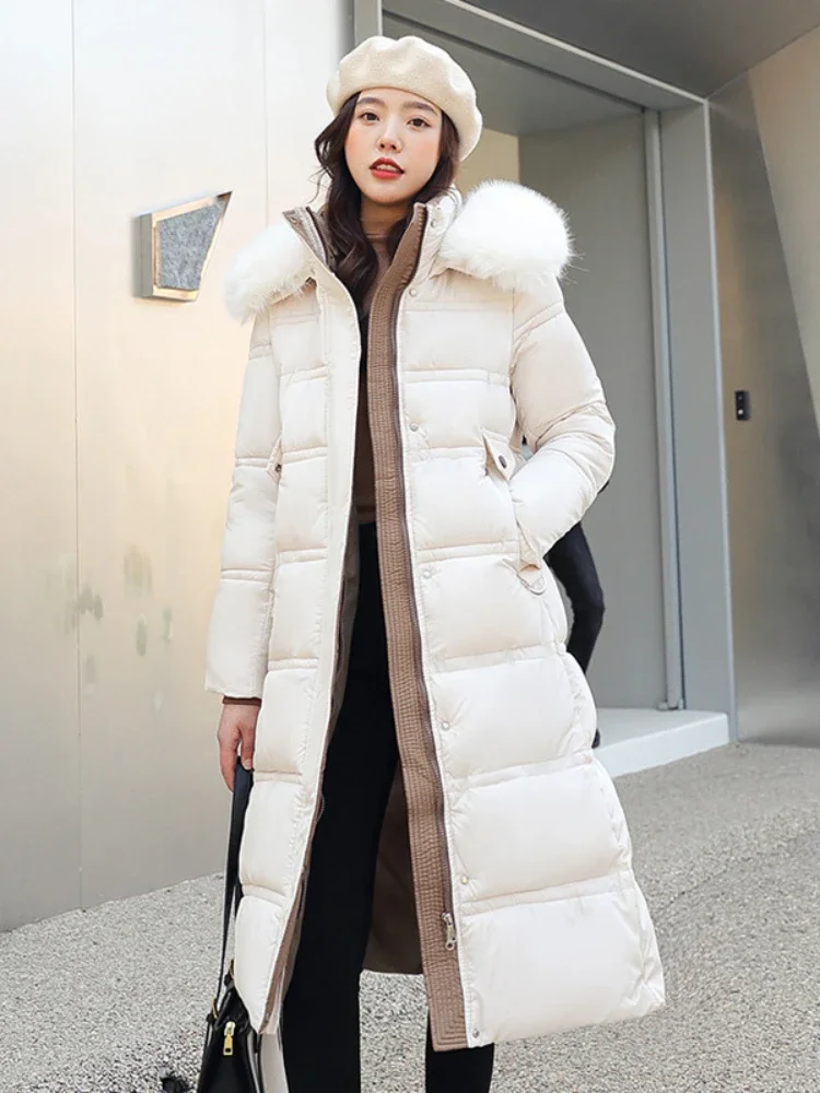 Women Parkas Solid Zipper Long Coats Full Sleeve Hooded Splice Parka Casual Thick Coat Belt Pockets Outerwear High Street