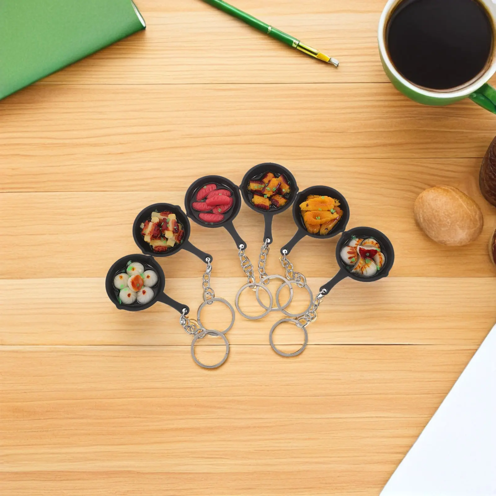 6Pcs Simulation Food Frying Pan Keychain Mini Food Charms Bag Hanging Ornament for Handbags Party Favor Cute Pendant