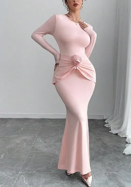 

2026 New Temperament Knitted Dress Women's Slim Formal Dresses High Waist 3D Rose Decor Female Fashion Slimming Party Dresses