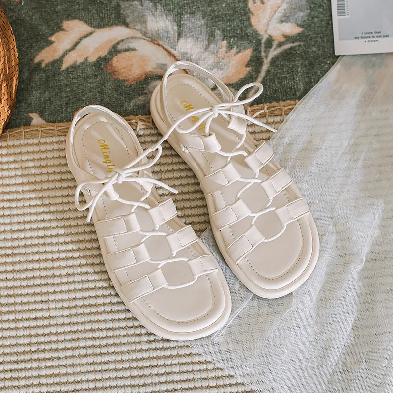 Women Thick-soled Roman Sandals Retro Crossover Strap Flat Base Beach Shoes Big Size Girl Sandal Brown