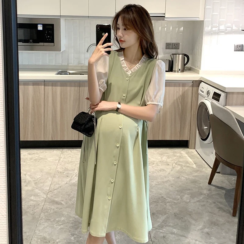 Summer Korean Style Loose Maternity Dress Button Fly V-Neck Short Sleeve Pregnant Woman Chiffon Dress Plus Size Pregnancy Dress