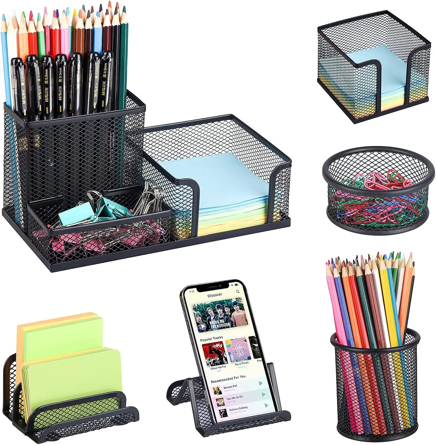 

6-Piece Mesh Desk Organizer Set with Pen Holder, Black Office Supply
