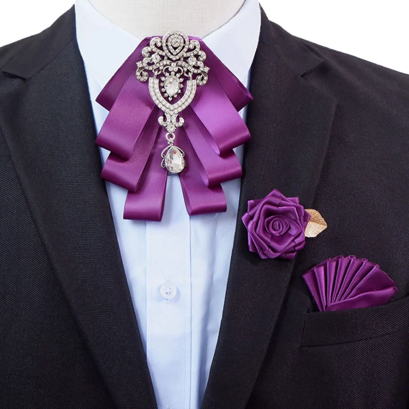 Men\'s Bow Tie Brooch Set British Korean Business Banquet Dress Suit Shirt Collar Flowers Men Wedding Bow-tie Brooches 3 Pcs Sets