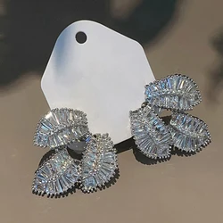 Huitan Gorgeous Leaf Pierced Earrings Female Silver Color Bright Zirconia Jewelry for Engagement Party Fashion Chic Accessories