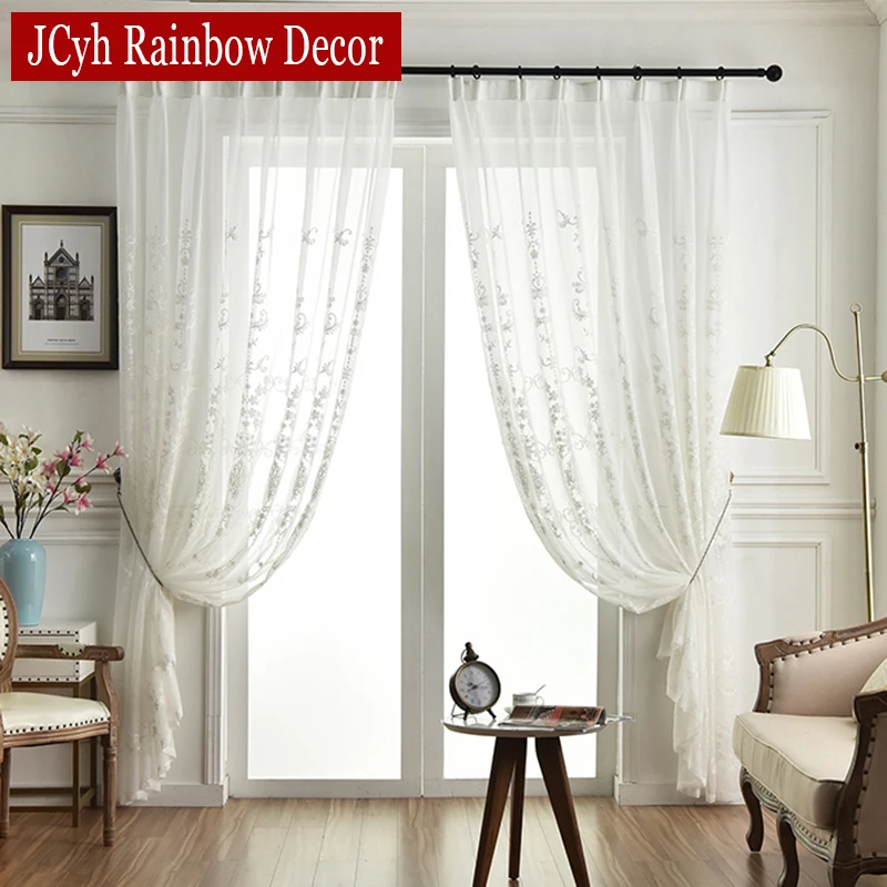 Embroidered White Tulle Curtains For Living Room Luxury Hall European Lace Voile Sheer Curtains For Window Bedroom Girl Drapes