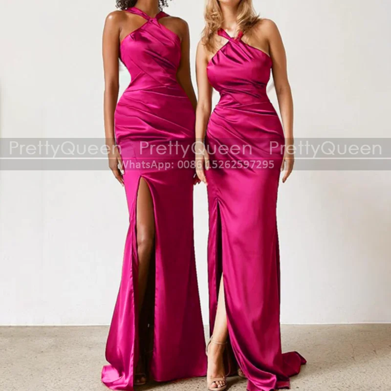 Hot Pink Long Bridesmaid Dresses Mermaid Side Split Halter Neck Sleeveless Customized Sheath Wedding Party Dress