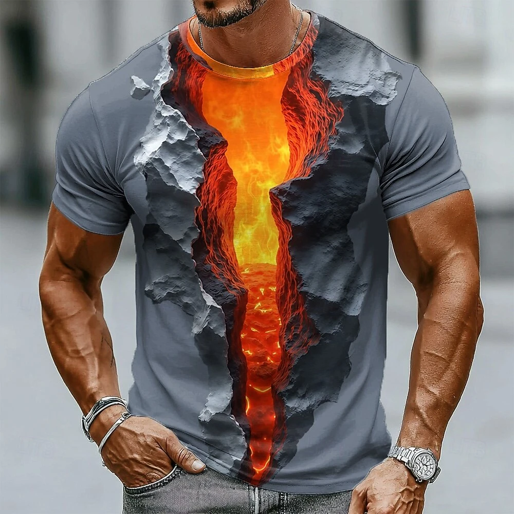 Flame Magma Pattern Men's T Shirt Funny 3D Print Tees Hip Hop Trend y2k Clothes Casual O-neck Short Sleeve Fashion Loose Men Top