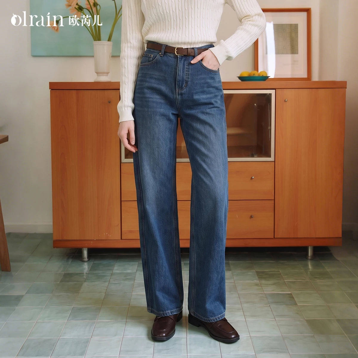 OLrain women's clothing 2026 autumn and winter new retro washing water blue high elastic medium and high waist strai O58QA009558