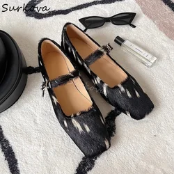 Retro Fur Shallow Pumps Women Square Toe Chunky Heel One Word Belt Mixed Colors Mary Jane Shoes 2025 New Elegant Ladies Shoes