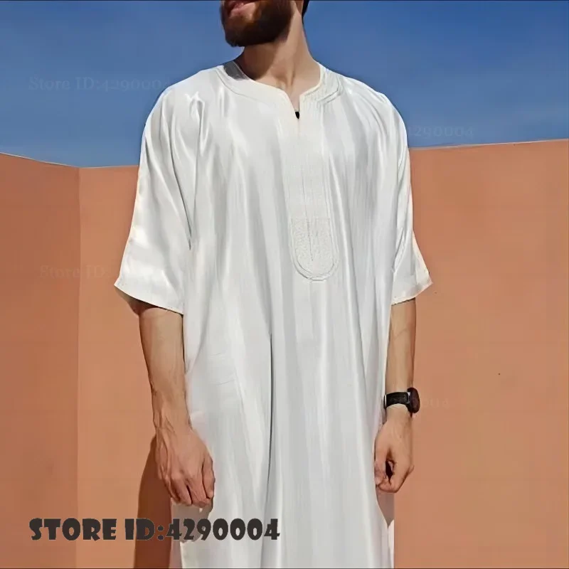 Men's Embroidered Striped Jubba Thobe PLUS SIZE Men Muslim Abaya Islamic Clothing Moroccan Dubai Kaftan Eid Prayer Robe Dress