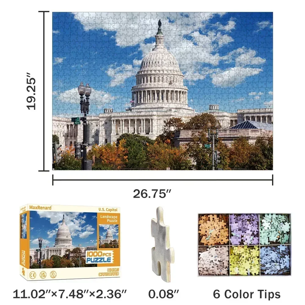 MaxRenard High Quality 1000pcs Construction Jigsaw Puzzle for Adult U.S. Capitol with Glue Sheets Home Decoration Family Game