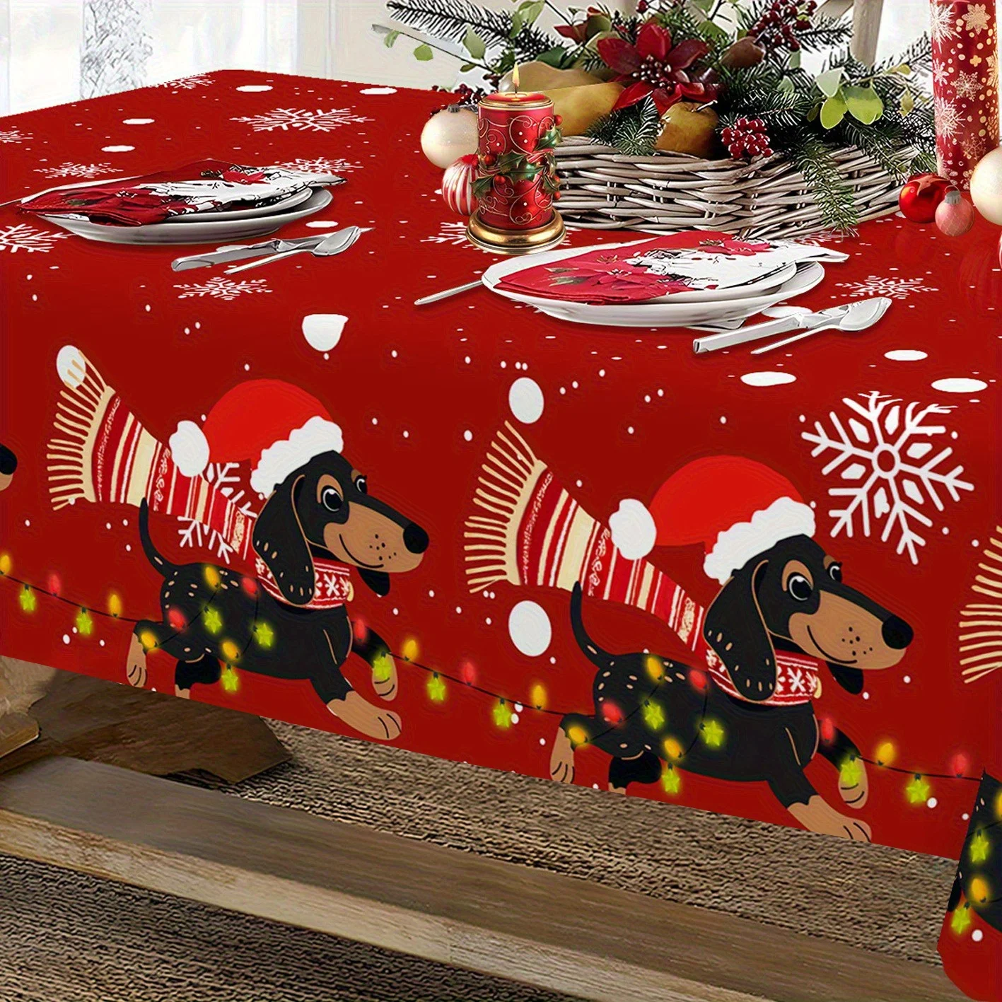 Tablecloth 1pc - Red polyester sausage dog Christmas tablecloth, with a Christmas hat and scarf.zyc