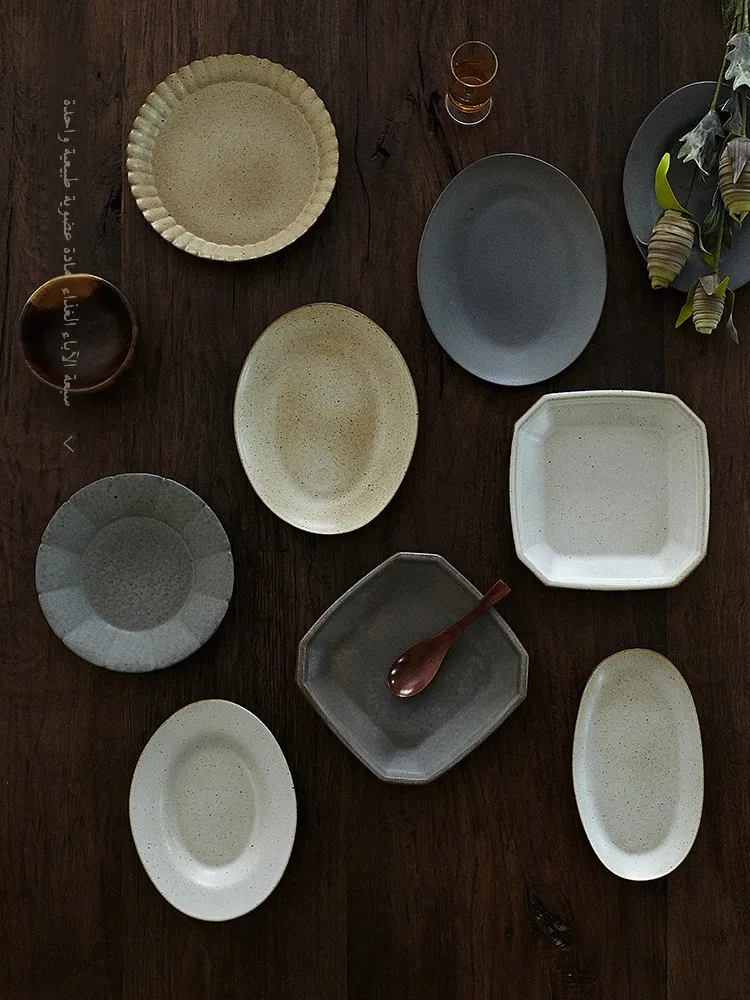 

Художественная тарелка в стиле ретро, грубая фарфоровая тарелка для салата, макарон, овальная обеденная тарелка ручной работы, цветная глазурь для взрослых