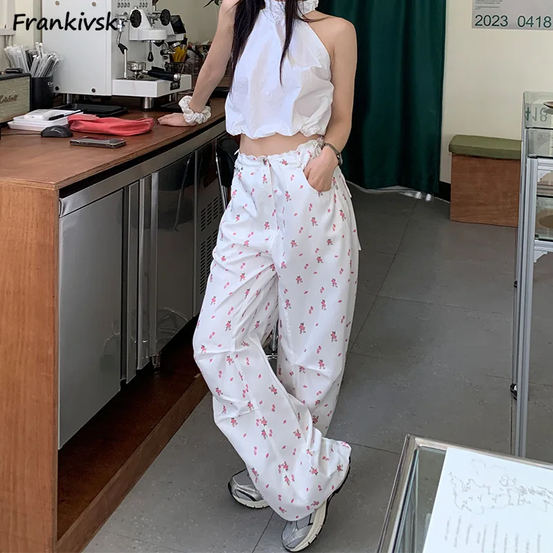 

Pants Women Baggy Drawstring Floral Harem Trousers Korean Style Fashion Vintage Spring Schoolgirls Breathable Kawaii Tied-ankle