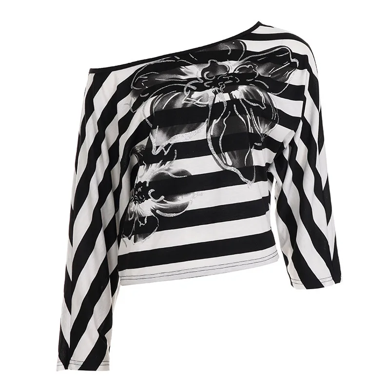 Vrouwen T-shirts Gestreepte Tops Print Een Schouder Slash Hals Lange Mouwen Lichte Strech Slim Fit Casual Streetwear 2025, Zomer