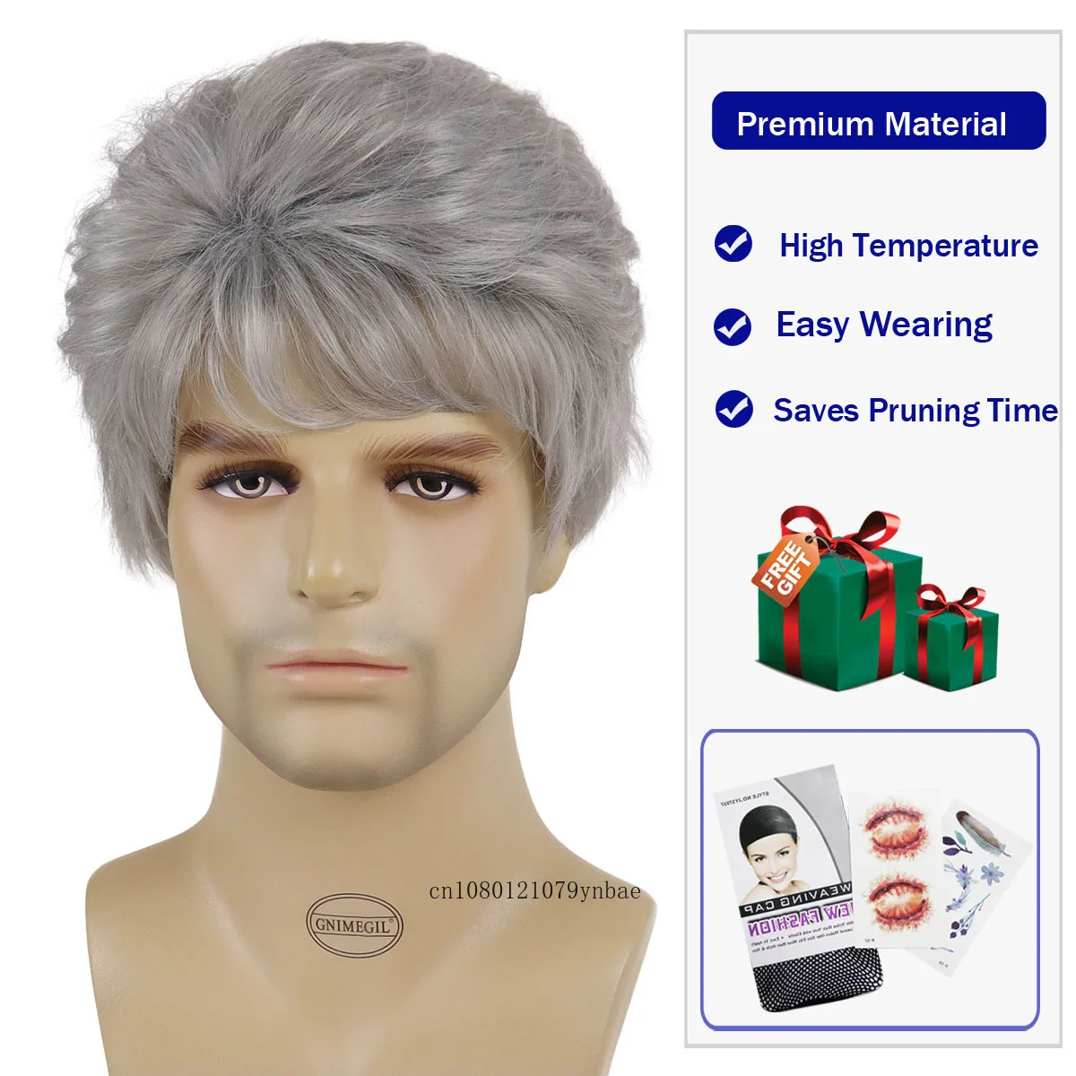 Grey Wig with Bangs Synthetic Short Haircuts Cosplay Wig Carnival Party Costume Halloween Old Men Natural Looking Heat Resistant