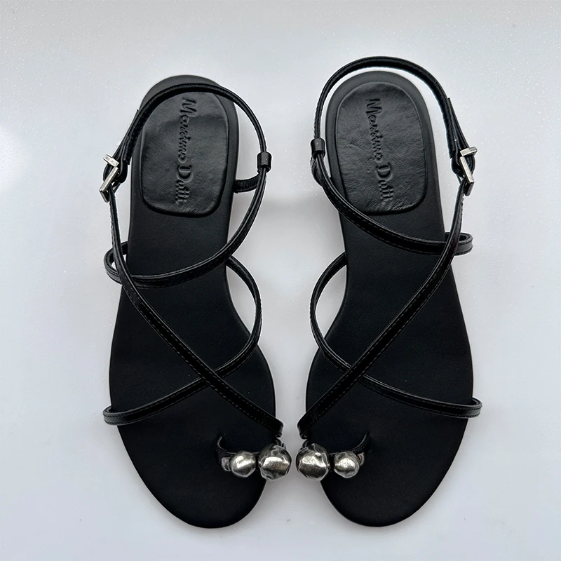 Mrxmus Dutit Flat Sandals Black Metal Decor Buckle Women's Sandals Summer Newest 2024 Low Heels Luxury Casual Shoes