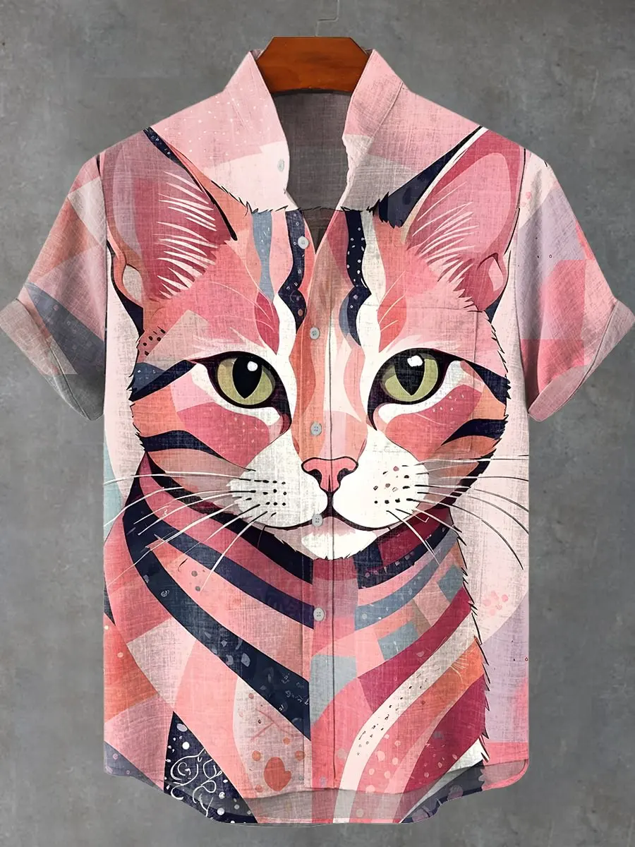 2025 fashionable 3D printed quirky cat animal pattern men's summer casual loose linen pocket short button up collar large shirt