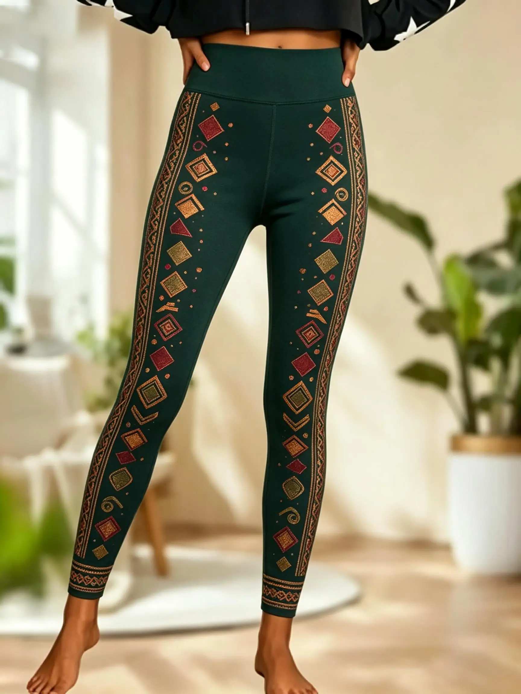 Women Fleece‑lined Mid‑rise Leggings Side Aztec Diamond Square Geometric Border Print Slim Stretch Winter Casual Pants
