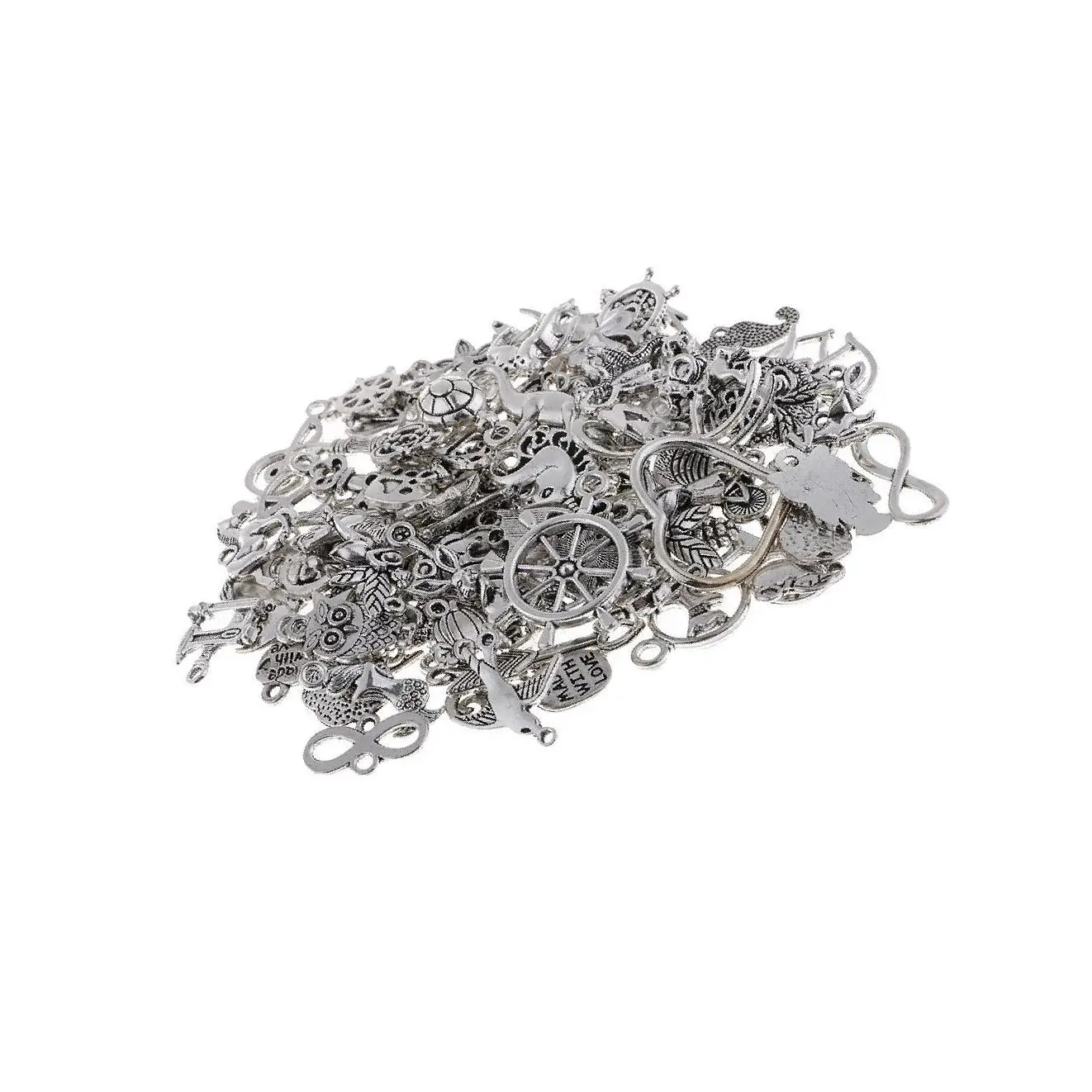 100 Pieces Assorted Many Style DIY Necklace Bracelet Pendants Charms Silver