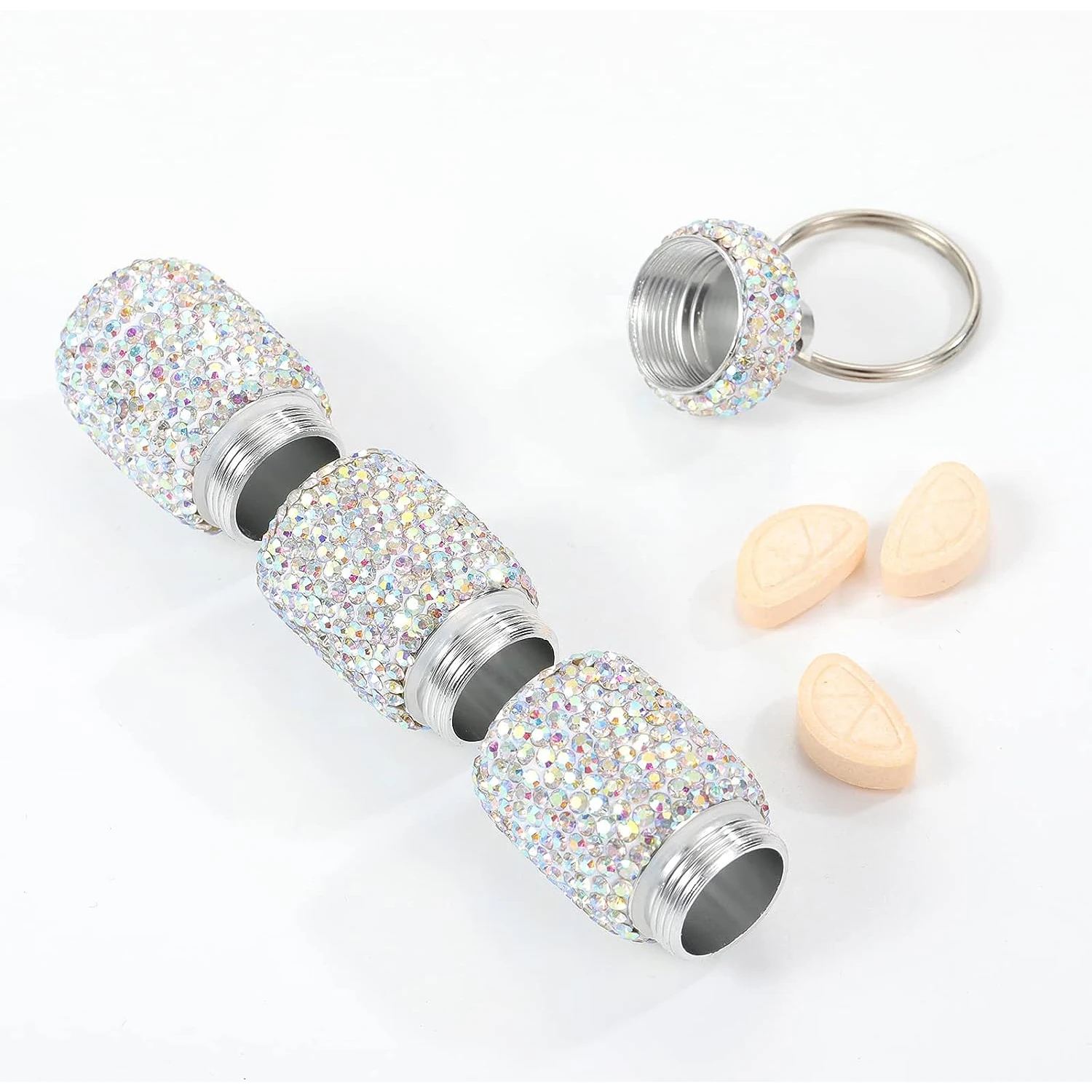 Bling Pill Case Portable Travel Pill Container Ins Rhinestone Waterproof Small Pill Holder with Keychain Cute Pill Storage Box