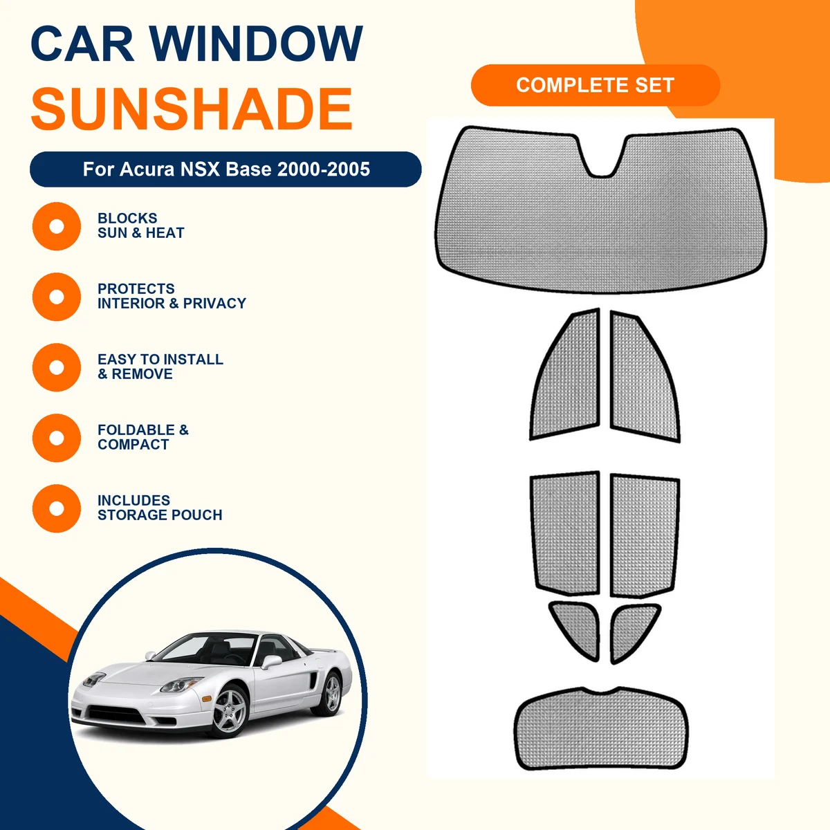 For Acura NSX Base 2000-2005 Custom Full Set Window Sunshades Aluminum Foil Suction Cup Anti UV Privacy