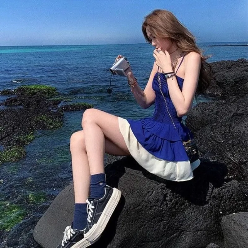 

Pure Sexy Hot Girl Spliced High Waisted Fluffy Dress for Women's Summer Retro French Style Elegant Dress Fashion Female Clothes